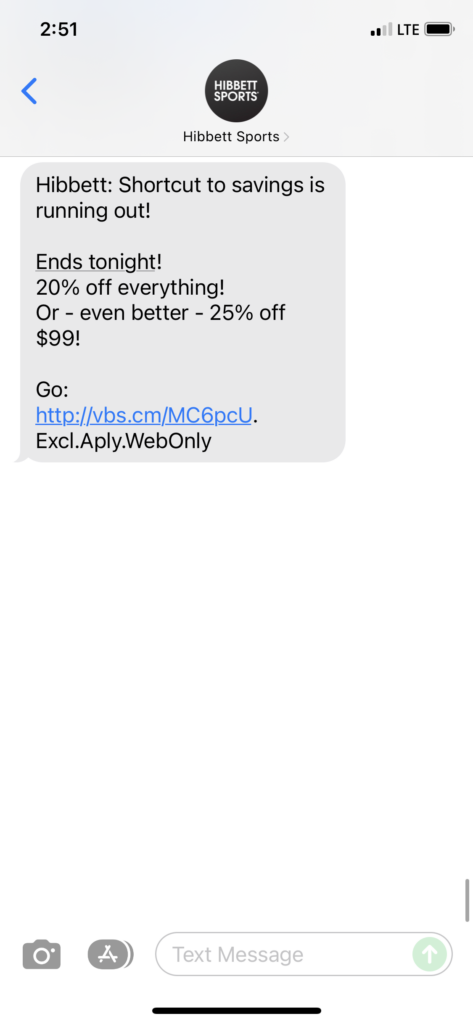 Hibbett Text Message Marketing Example - 11.30.2021