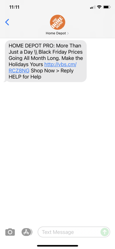 Home Depot 2 Text Message Marketing Example - 11.01.2021