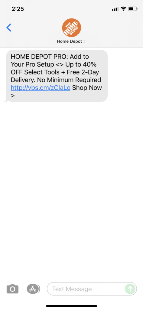 Home Depot Text Message Marketing Example - 11.08.2021