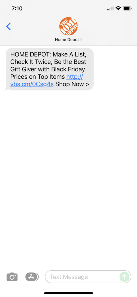 Home Depot Text Message Marketing Example - 11.20.2021