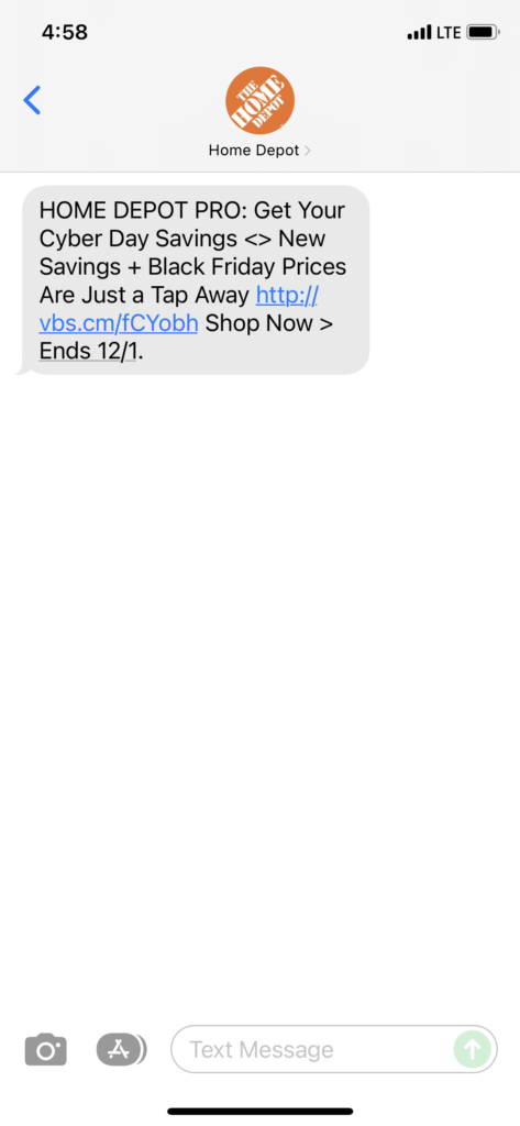 Home Depot Text Message Marketing Example - 11.29.2021