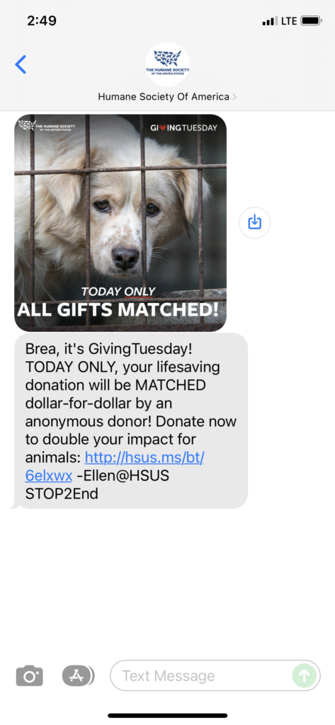 Humane Society of America 1 Text Message Marketing Example - 11.30.2021