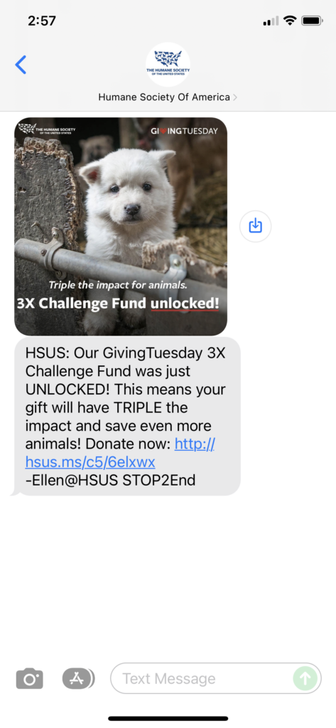 Humane Society of America Text Message Marketing Example - 11.30.2021
