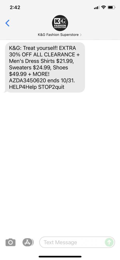 K&G Fashion Superstores Text Message Marketing Example - 10.29.2021