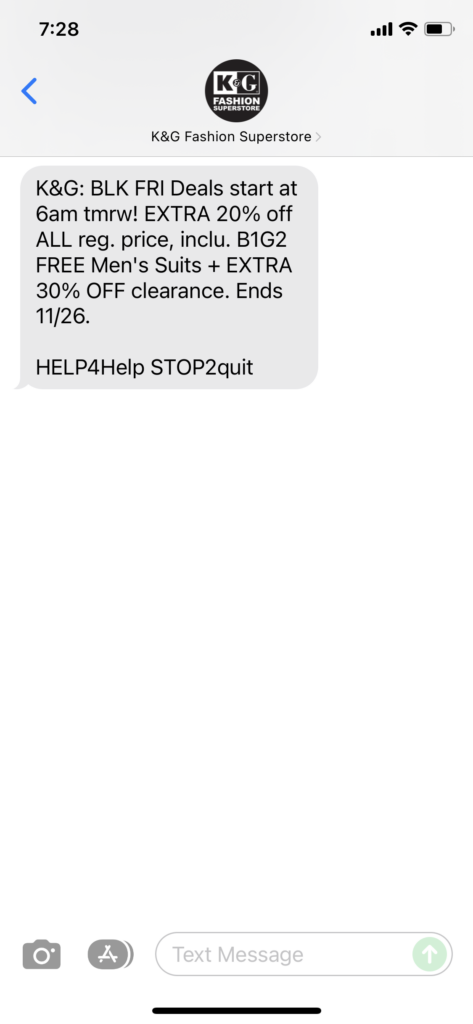 K&G Fashion Superstores Text Message Marketing Example - 11.25.2021