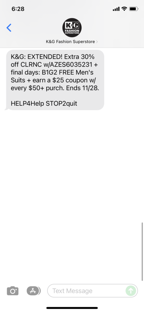 K&G Fashion Superstores Text Message Marketing Example - 11.27.2021