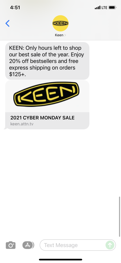 Keen 1 Text Message Marketing Example - 11.29.2021