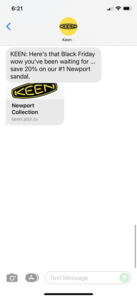 Keen Text Message Marketing Example - 11.27.2021