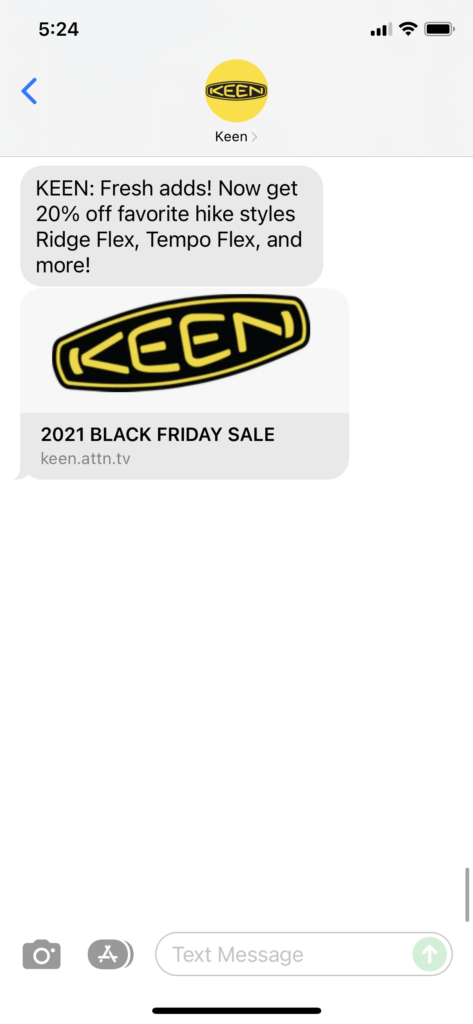 Keen Text Message Marketing Example - 11.28.2021