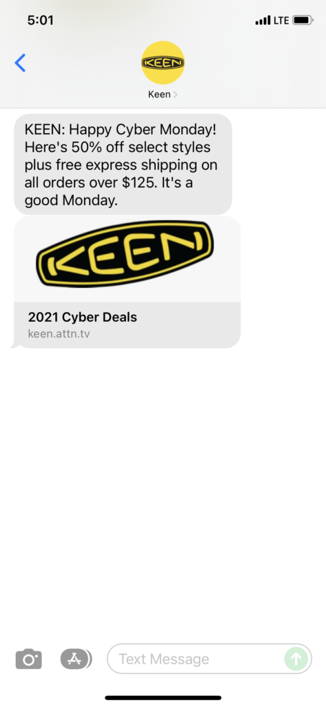 Keen Text Message Marketing Example - 11.29.2021