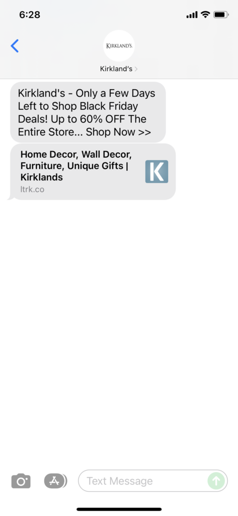 Kirkland's Text Message Marketing Example - 11.27.2021