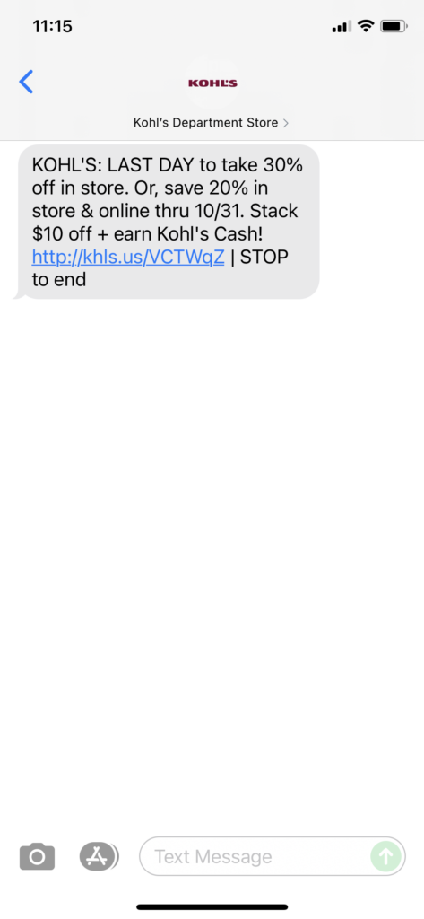Kohl's Text Message Marketing Example - 10.30.2021