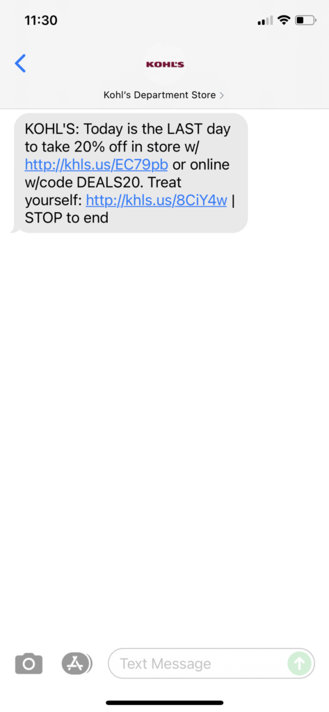 Kohl's Text Message Marketing Example - 11.04.2021