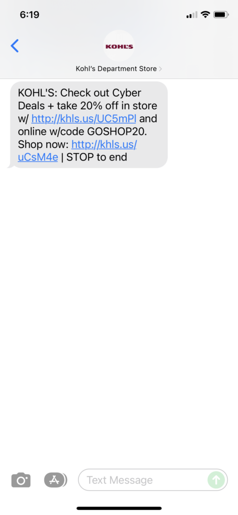 Kohl's Text Message Marketing Example - 11.27.2021