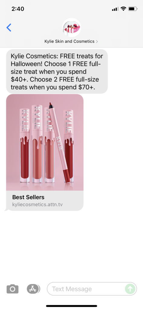 Kylie Skin and Cosmetics Text Message Marketing Example - 10.29.2021