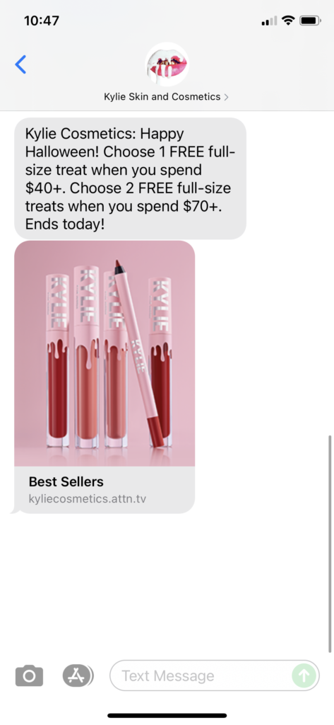 Kylie Skin and Cosmetics Text Message Marketing Example - 10.31.2021