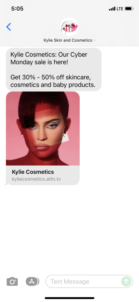 Kylie Skin and Cosmetics Text Message Marketing Example - 11.29.2021