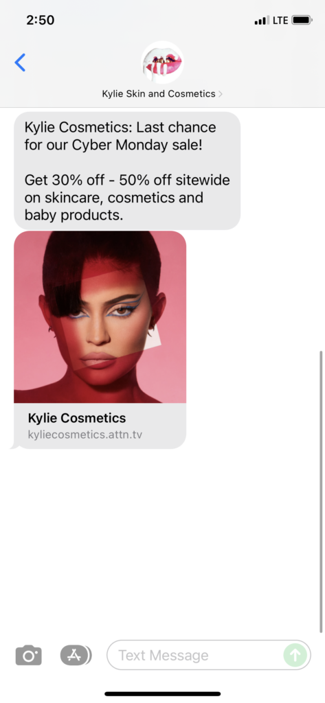 Kylie Skin and Cosmetics Text Message Marketing Example - 11.30.2021