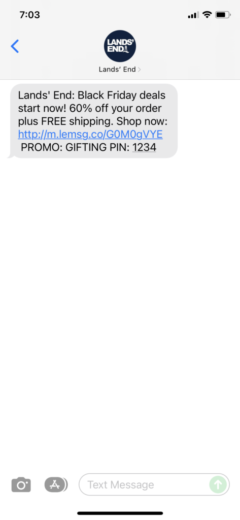 Lands' End Text Message Marketing Example - 11.26.2021