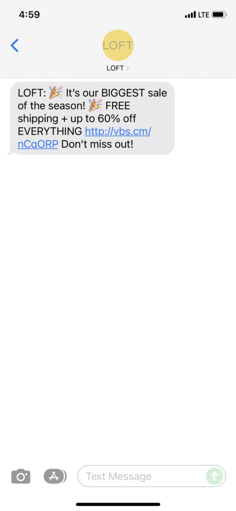 Loft Text Message Marketing Example - 11.29.2021