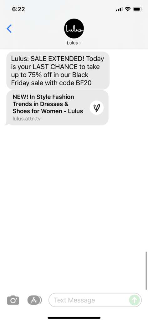 Lulus 1 Text Message Marketing Example - 11.27.2021