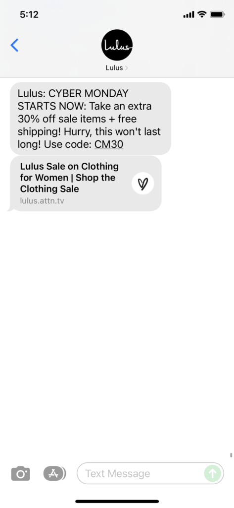Lulus 1 Text Message Marketing Example - 11.28.2021