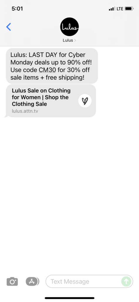 Lulus 1 Text Message Marketing Example - 11.29.2021