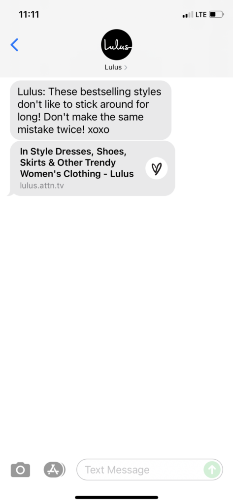 Lulus Text Message Marketing Example - 11.04.2021