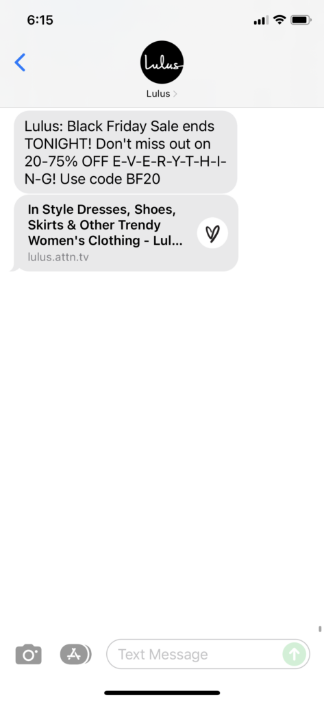 Lulus Text Message Marketing Example - 11.27.2021