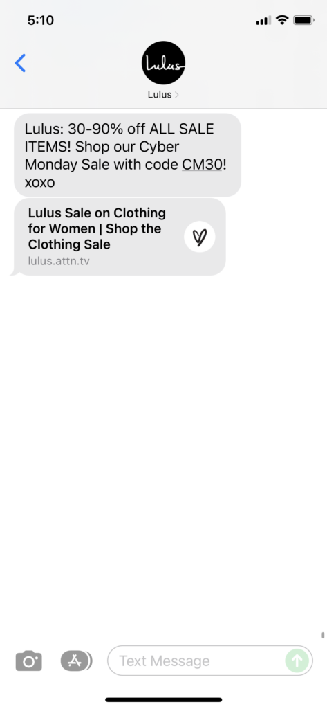 Lulus Text Message Marketing Example - 11.28.2021