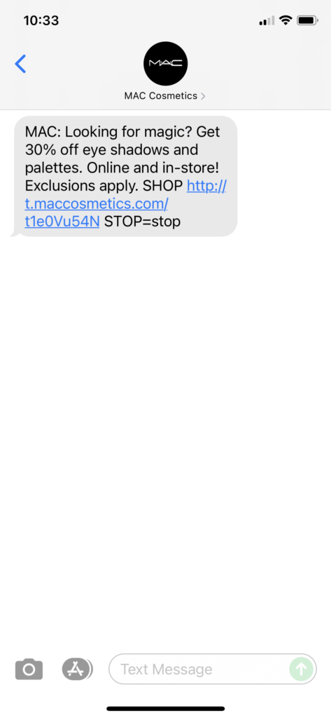 MAC Cosmetics Text Message Marketing Example - 11.01.2021