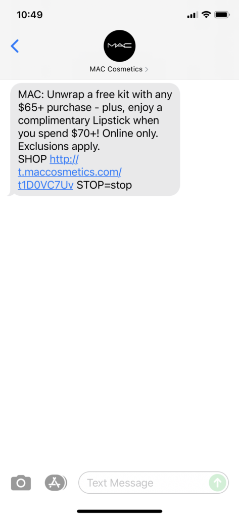 MAC Cosmetics Text Message Marketing Example - 11.08.2021