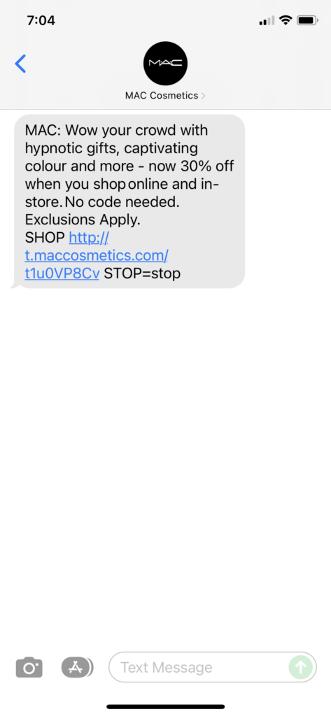 MAC Cosmetics Text Message Marketing Example - 11.21.2021