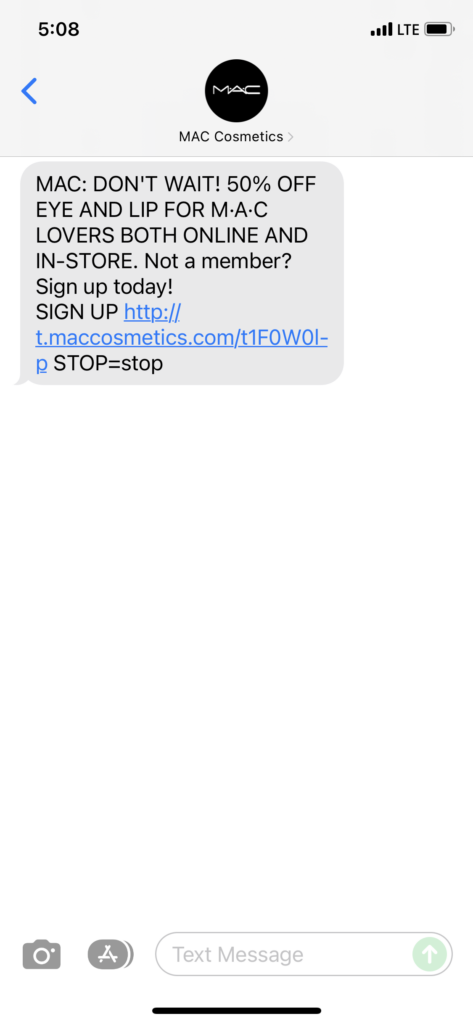 MAC Cosmetics Text Message Marketing Example - 11.29.2021