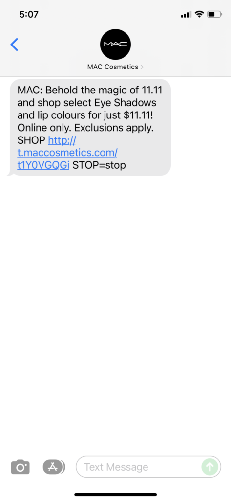 Mac Cosmetics Text Message Marketing Example - 11.11.2021
