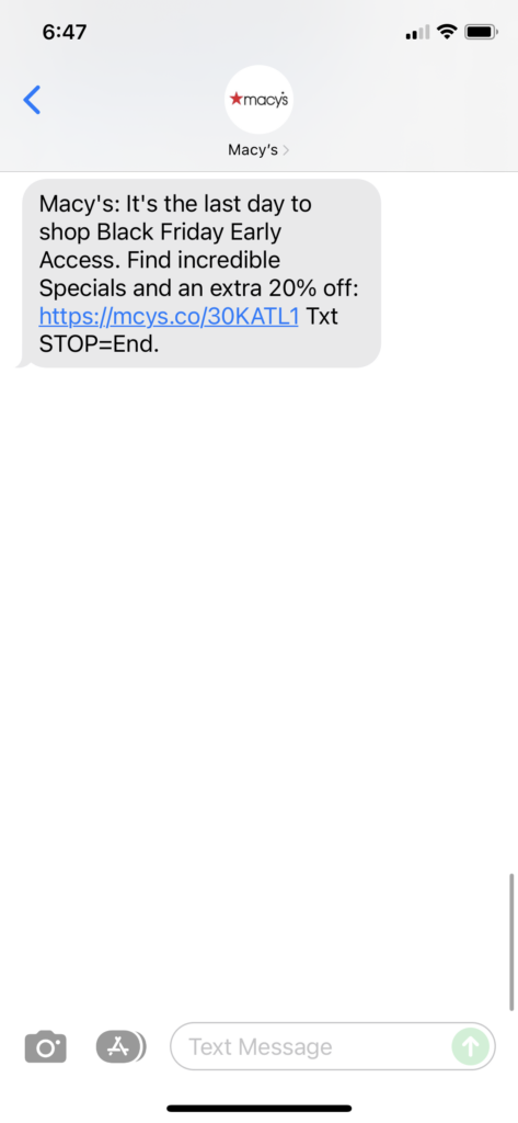 Macy's Text Message Marketing Example - 11.22.2021