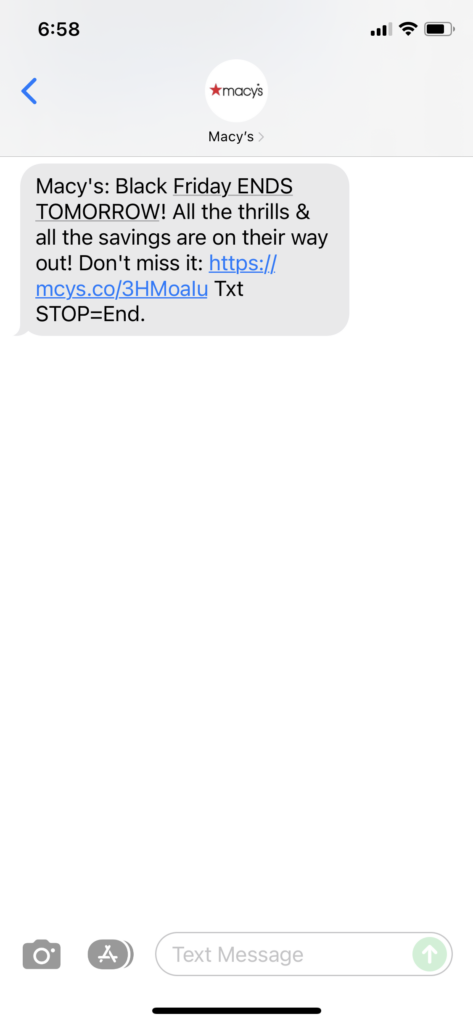 Macy's Text Message Marketing Example - 11.26.2021