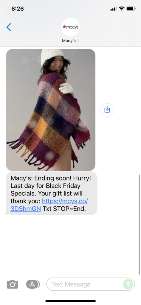 Macy's Text Message Marketing Example - 11.27.2021