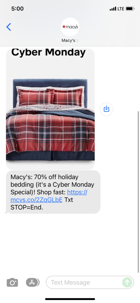 Macy's Text Message Marketing Example - 11.29.2021