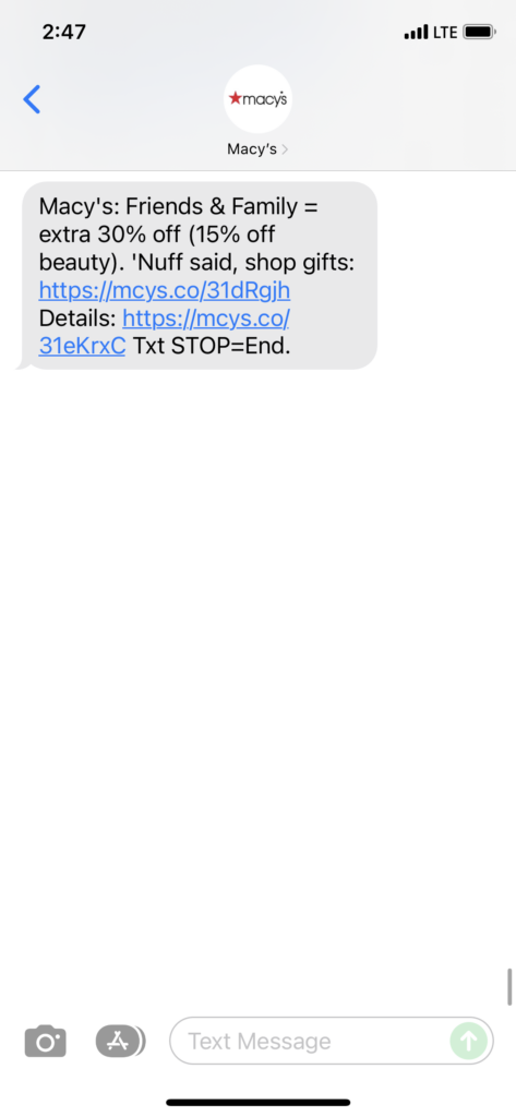 Macy's Text Message Marketing Example - 11.30.2021