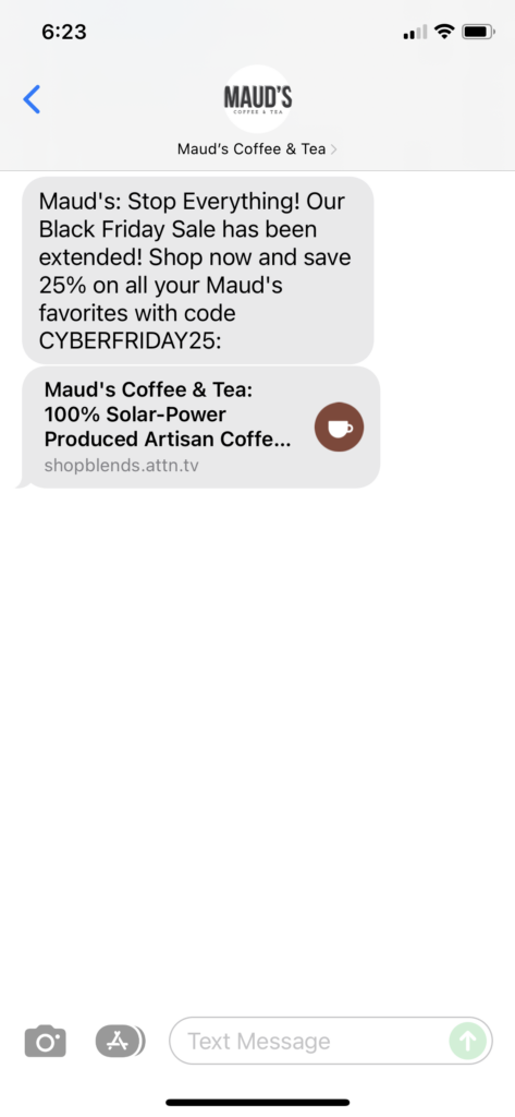 Maud's Coffee & Tea Text Message Marketing Example - 11.27.2021