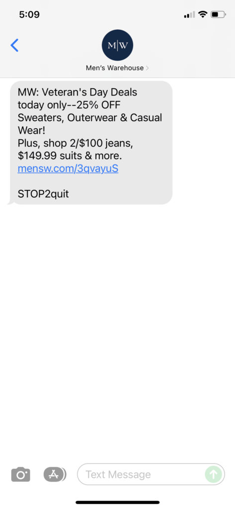 Men's Warehouse Text Message Marketing Example - 11.11.2021