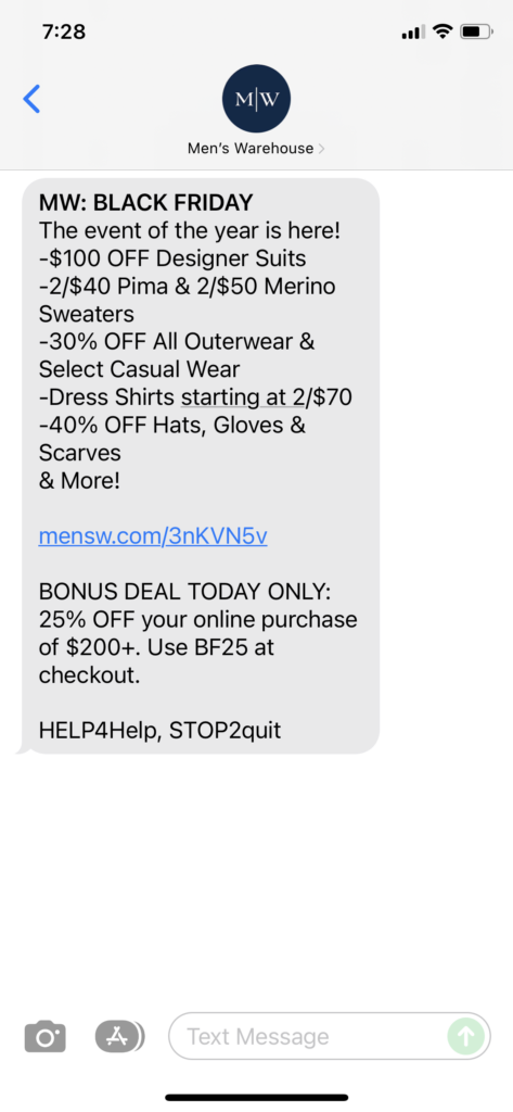 Men's Warehouse Text Message Marketing Example - 11.25.2021