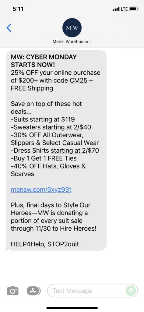 Men's Warehouse Text Message Marketing Example - 11.29.2021
