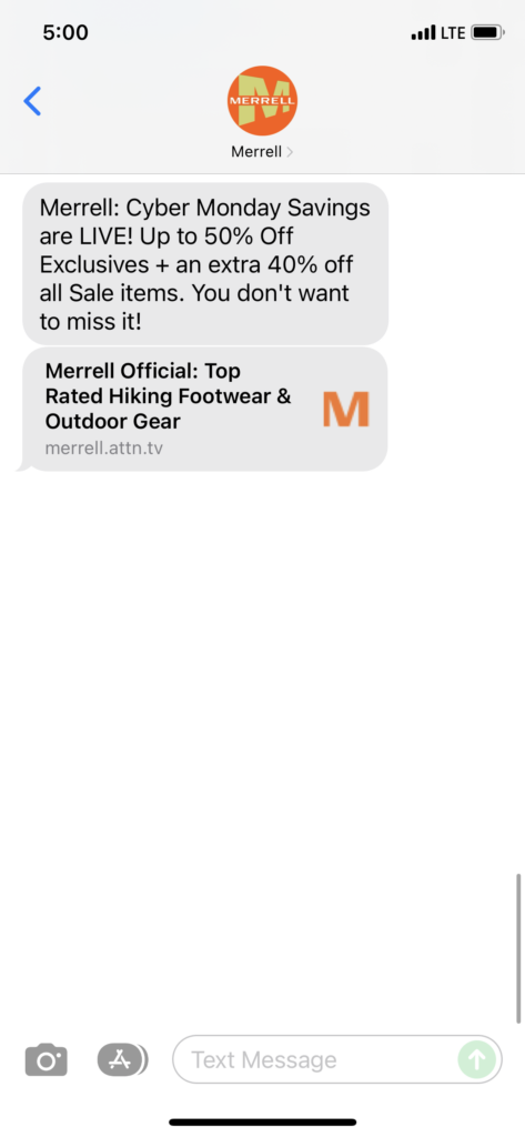 Merrell 1 Text Message Marketing Example - 11.29.2021