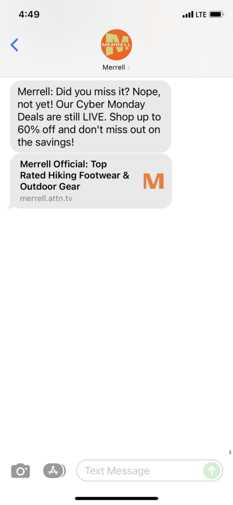 Merrell Text Message Marketing Example - 11.29.2021
