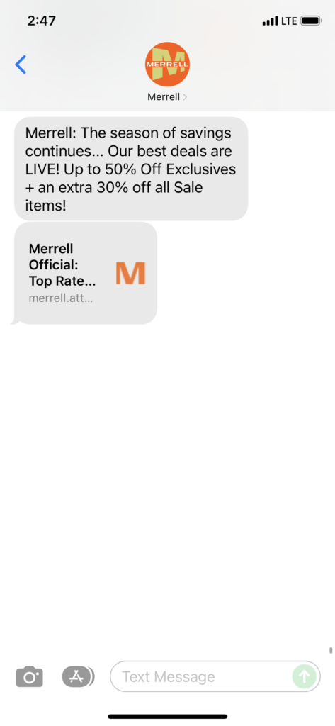 Merrell Text Message Marketing Example - 11.30.2021