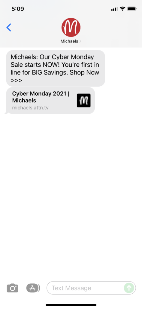Michaels Text Message Marketing Example - 11.28.2021