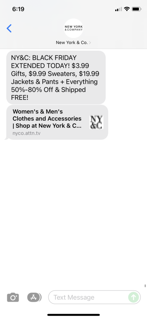 New York & Co Text Message Marketing Example - 11.27.2021