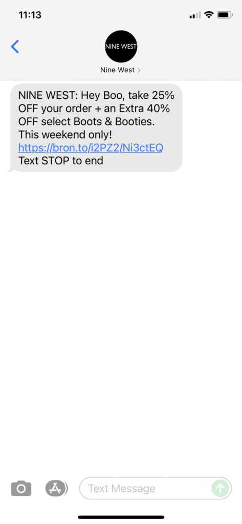 Nine West Text Message Marketing Example - 10.30.2021